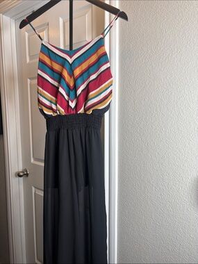 Striped Multicolor Top Black Maxi Jumpsuit